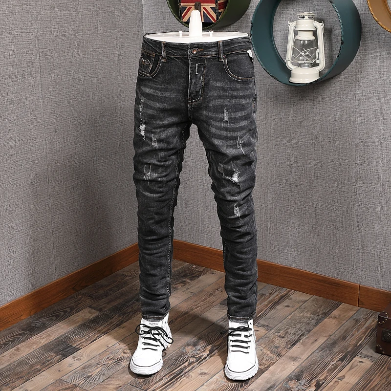 

Fashion Streetwear Men Jeans Retro Black Gray Slim Fit Ripped Jeans Men Elastic Vintage Designer Pants Hip Hop Jeans Homme