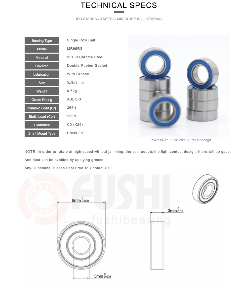 MR95RS Bearing ABEC-3 (10PCS) 5*9*3 mm Miniature MR95-2RS Ball Bearings RS MR95 2RS With Blue Sealed L-950DD MR95RS Bearing ABEC-3 (10PCS) 5*9*3 mm Miniature MR95-2RS Ball Bearings RS MR95 2RS With Blue Sealed L-950DD