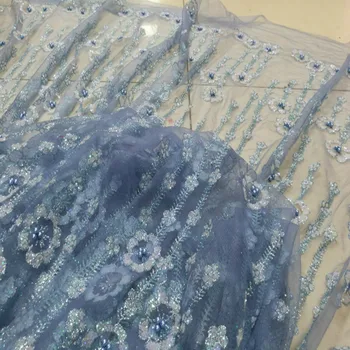 

Sky Blue Gilding Mesh Lace Fabric With Pearl 2020 High quality Net Sequin Cloth Fabric DIY Sewing Material By Meter
