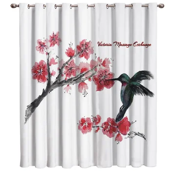 

Hummingbirds Fly To The Red Flowers Floral Fabric Kids Window Treatment Hardware Sets Curtains for the Kitchen Living Room
