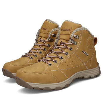 

39~46 Men Winter Warm Plush Sneakers Leather Ankle Boots Snow Waterproof Outdoor Walking Shoes Breathable Mens Low Boots Brown