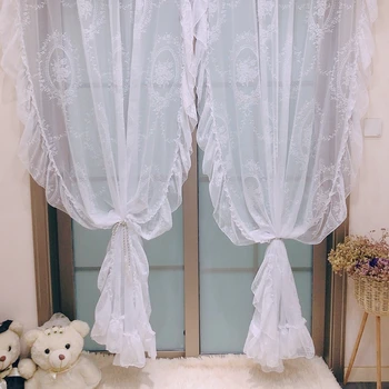 

1pcs 140*240cm Rod Pocket White Lace Voile Curtain for Living Room Sliding Door Romantic Country Style Embroidered Panels M190C