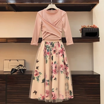

Women Irregular Long sleeve T Shirt+Mesh Skirts Suits Bowknot Solid Tops Vintage Floral Skirt Sets for Elegant Woman