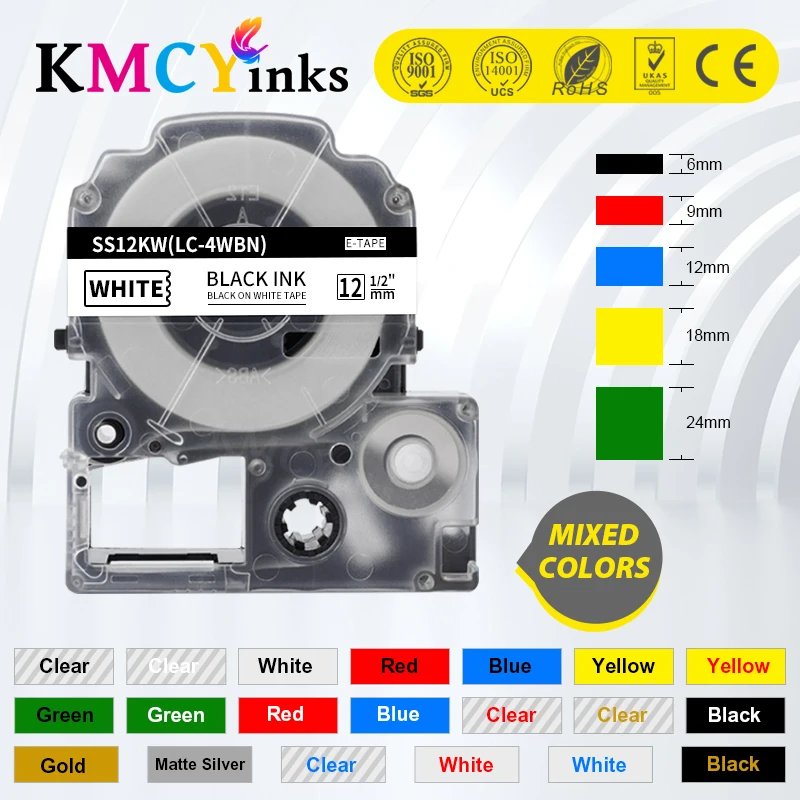 

KMCYinks 1 PCS Label Tapes SS12KW for EPSON LW-300 LW-400 LW-600P LW-700 LC-4WBN9 Printer (12mm*8m Black on White) Label Maker