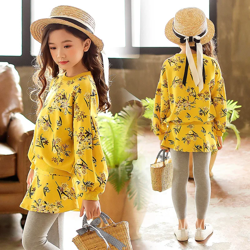 

2019 Korean-style CHILDREN'S Suit Girls Spring New Style Big Boy Children Yellow Floral Two-Piece Set Fashion Childrenswear