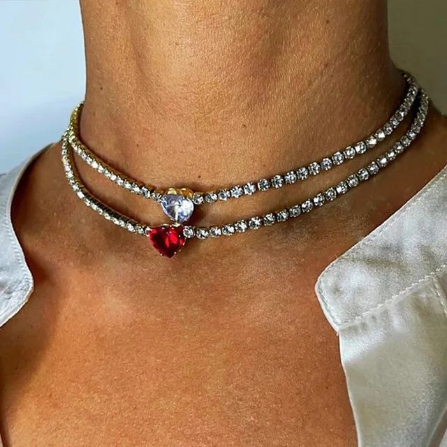Choker Necklace Red Rhinestone | Green Necklace Red Heart 