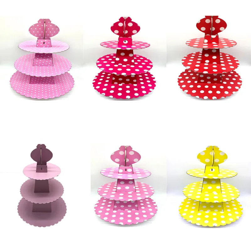 

1Set 3 Tier Wedding Birthday Cardboard Cupcake Paper Stand Plates Party Pink Red Yellow Color Dot Cake Holder Lunch Tea Time