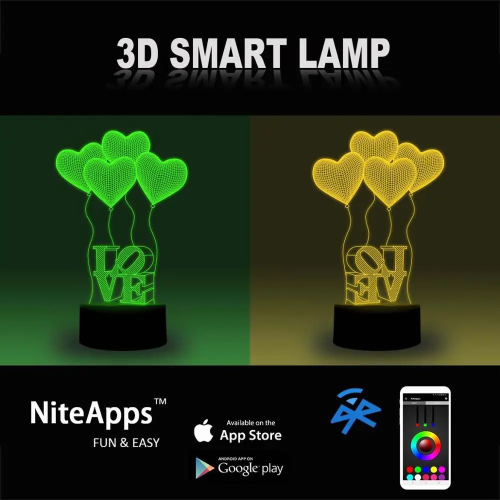 NiteApps 3D Любовь и сердца ночник настольная Иллюзия украшение лампа подарок на день рождения приложение/сенсорное управление