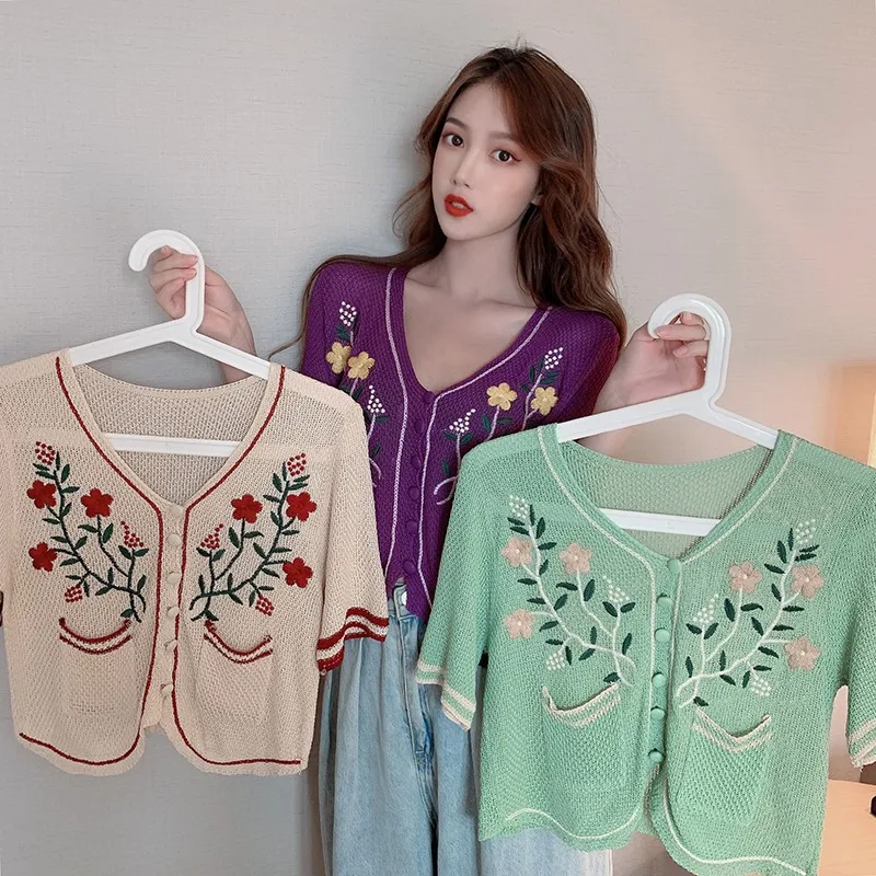 

New Floral Embroidery Knitted Women Tops Cardigan Summer Short Sleeve V Neck Casual Sweater Short Tops