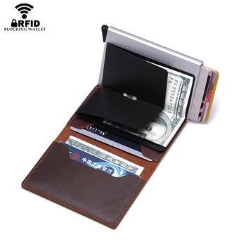 

Bycobecy Genuine Leather Wallet Non-scan Slim Vintage Wallet Metal Credit ID Card Holder RFID Blockingfor Drop-shipping Unisex