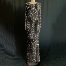 Стразы, жемчуг, длинное Сетчатое платье, для дня рождения, празднования, стрейч, прозрачные, вечерние, для выпускного вечера, для сцены, костюм DT1723