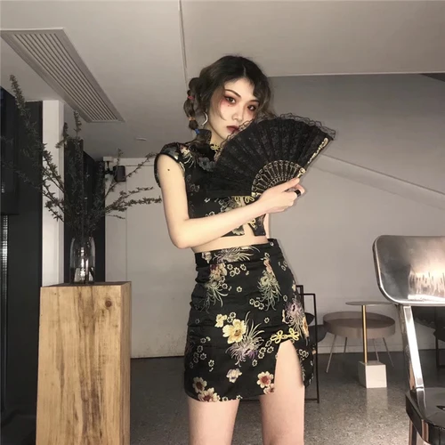 Skirts Mazefeng летний сексуальный Китайский традиционный короткий топ наборы для женщин облегающее платье Чонсам Тан хип-длинные юбки - Цвет: Skirts