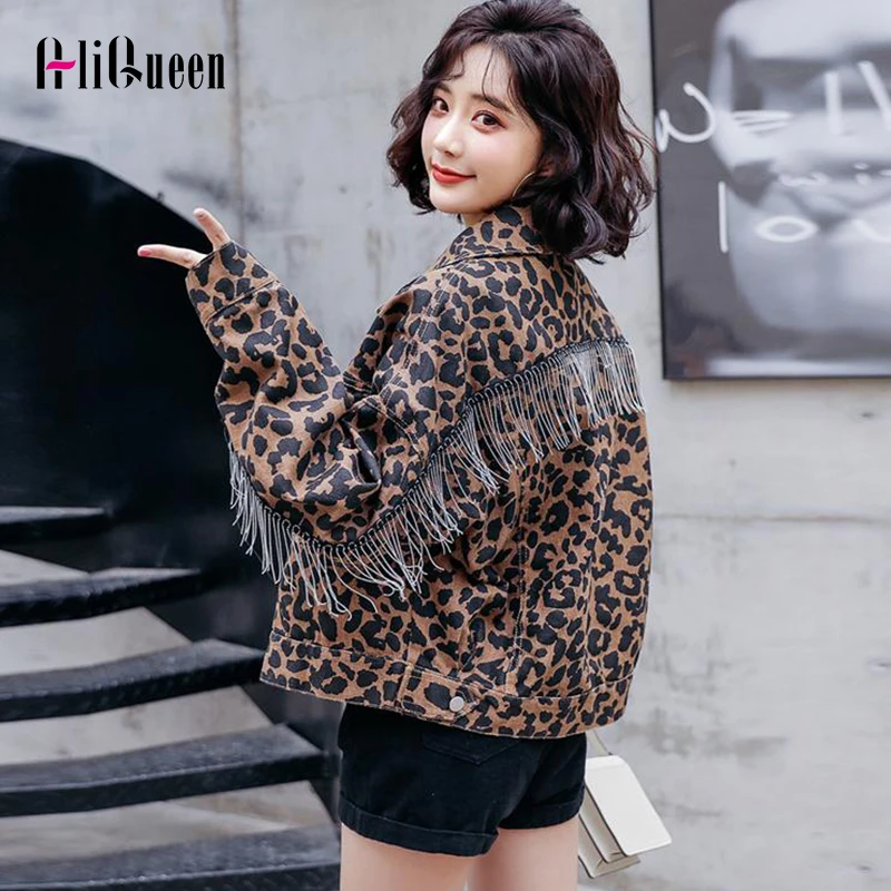 Женская Осенняя уличная одежда Леопардовый принт с цепью короткая джинсовая
