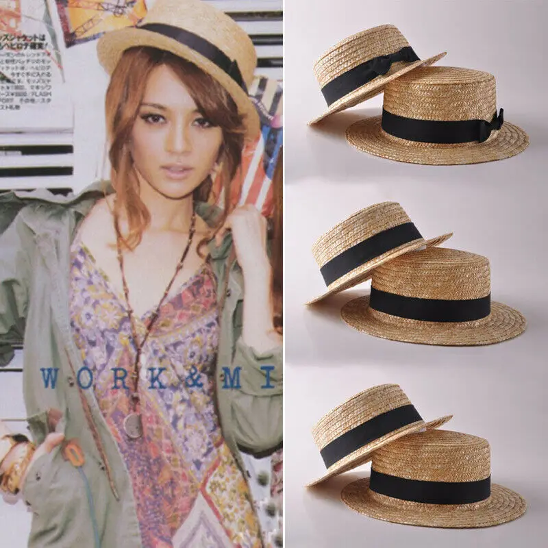 Women's Kids Girls Straw Bowler Boater Sun Hat Round Flat Caps Brim Summer Beach