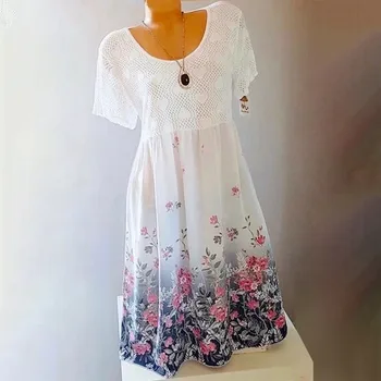 

JAYCOSIN Print Lace Boho Mini dress Cutout Short-sleeved O-Neck plus size Loose beach party sundress Women Printing vestido 9808