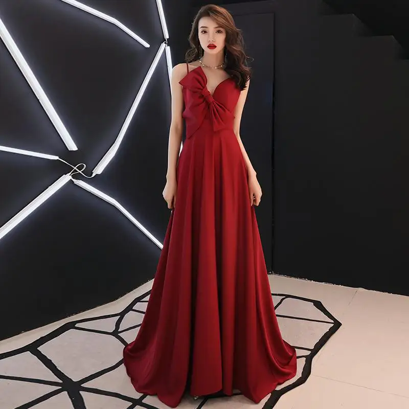 Женское элегантное сатиновое вечернее платье, черное, на одно плечо, Cheongsam, благородный бант, Qipao, сексуальное, v-образный вырез, Vestidos De Festa - Цвет: burgundy long
