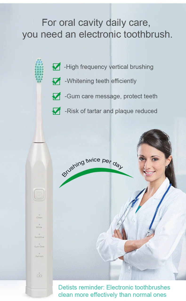 Электрическая ультразвуковая зубная щетка, ультра Звуковая, 5 режимов, отбеливающая, заряжаемая, для взрослых, IPX7, водонепроницаемый, один набор