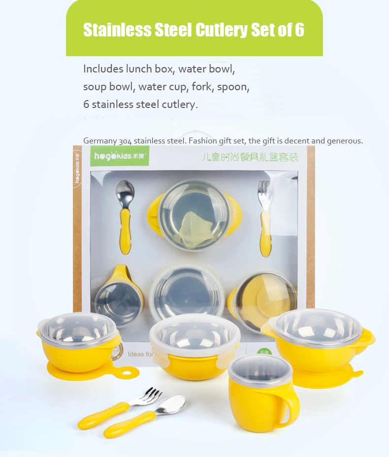 Hogokids Dish Set of Children's Dishes Stainless Steel Bowl Children's Tableware for Feeding Baby Feed Bowl Dinnerware 6 of set