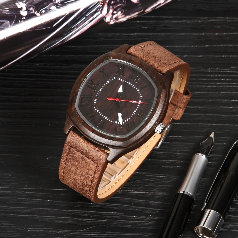 

Retro Coffee Dial Wood Watch Men's Watches Quartz Clock Male Black Genuine Leather Watchband reloj masculino Clock Gifts