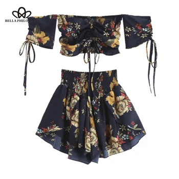 

Beach Boho SuitsOff Shoulder Cinched Floral Women Set Summer Slash Neck Short Sleeves Crop Top High Waist Shorts Set