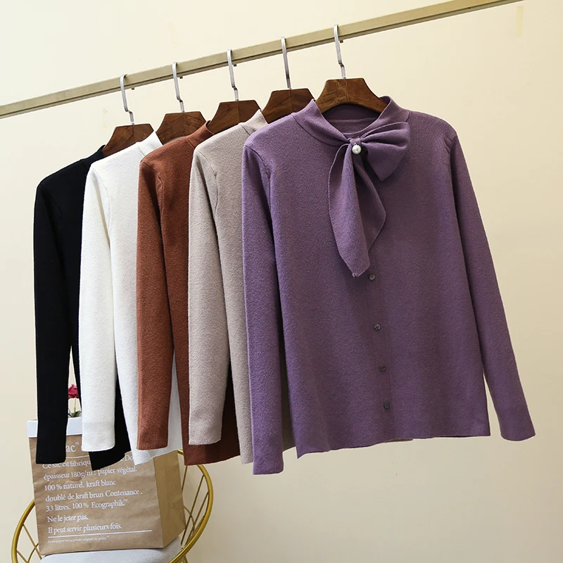 

Shintimes Autumn Winter Sweater Women Solid Pullover Jumper Long Sleeve Turtleneck Sweaters Bow Soft Knitted Tops Pull Femme