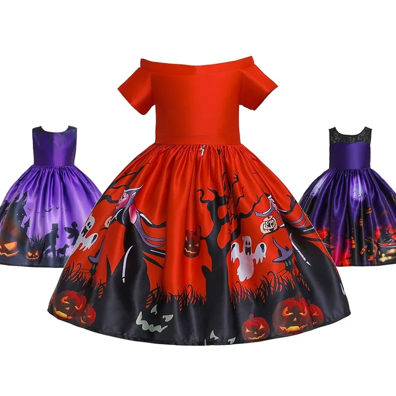 

VOGUEON Girls Princess Party Dress Halloween Witch Pumpkin Bat Printed Swing Ball Gown Children Ruched Outfit Clothes for 2-10T