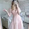 Elegant Designer Dress Women French Pink Bandage Dress Casual Puff Sleeve Slim Lace Chiffon Dress 2022 Autumn Women's Clothing ► Photo 2/6
