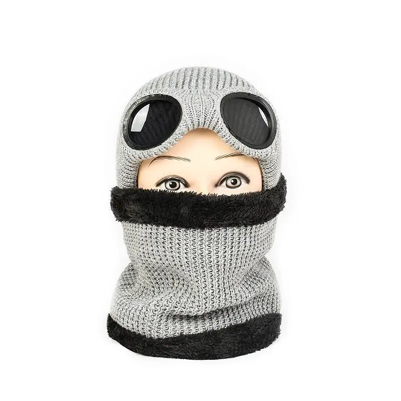 Серый Модная утолщенная зимняя вязаная шапка теплая шапка Skullies Лыжная Шапка со Съемные очки для мужчин и женщин - Цвет: Серый