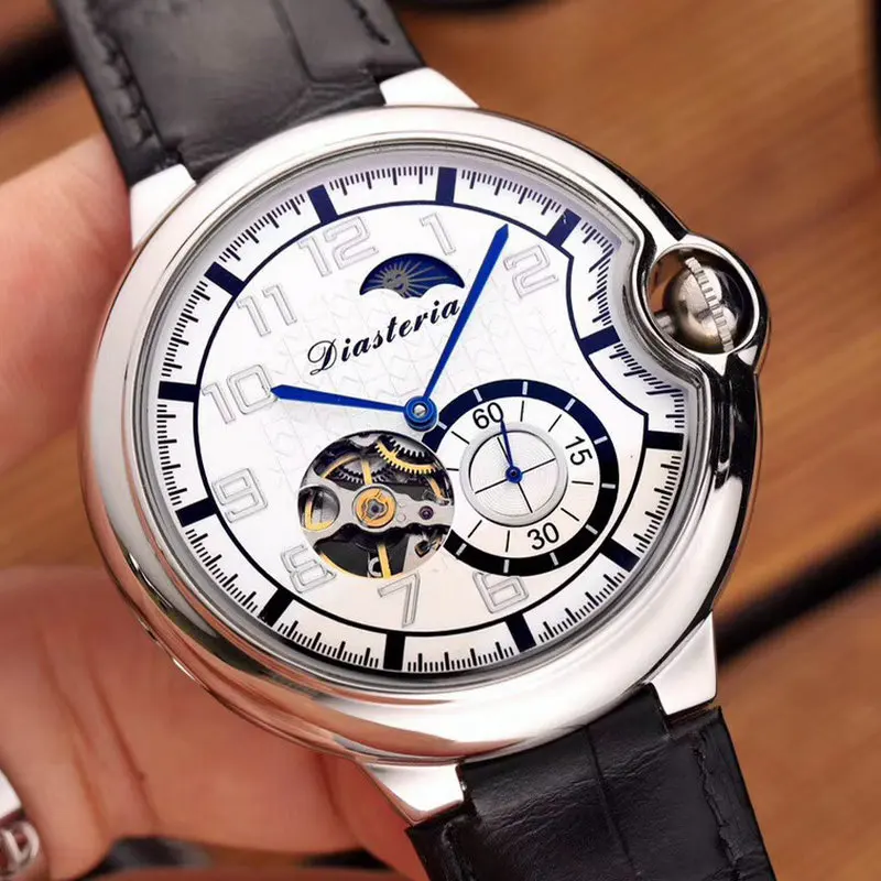 

Mode Skeleton Heren Horloges Top Brand Luxe Moon Phase Tourbillon mannen Automatische Mechanische Horloge Echt Leer Waterdicht