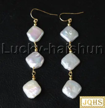 

JQHS natural Dangle Baroque 12mm rhombus white pearls Beaded Earrings 14KT gold hook j11665