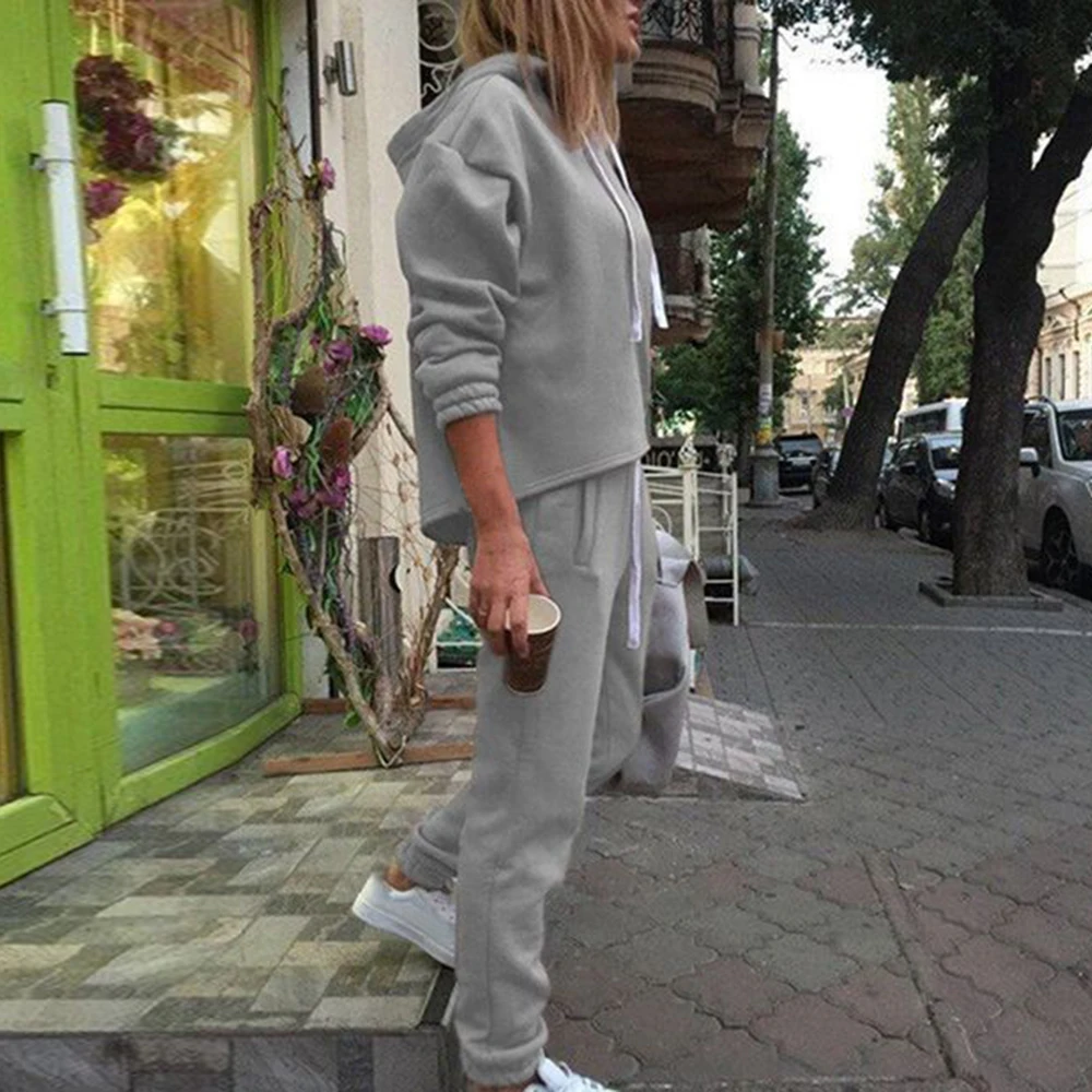 Прямая поставка, осень, однотонный спортивный костюм с длинным рукавом, утолщенные толстовки с капюшоном, комплект из 2 предметов, повседневный спортивный костюм, женский спортивный костюм