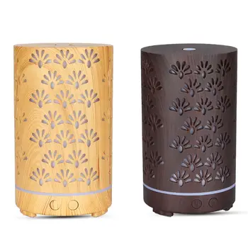 

200ml Mini Bamboo Wood Grain Aromatherapy Diffuser Hollow Floral Ultrasonic Humidifier Mist Maker with 7 Colorful Lights