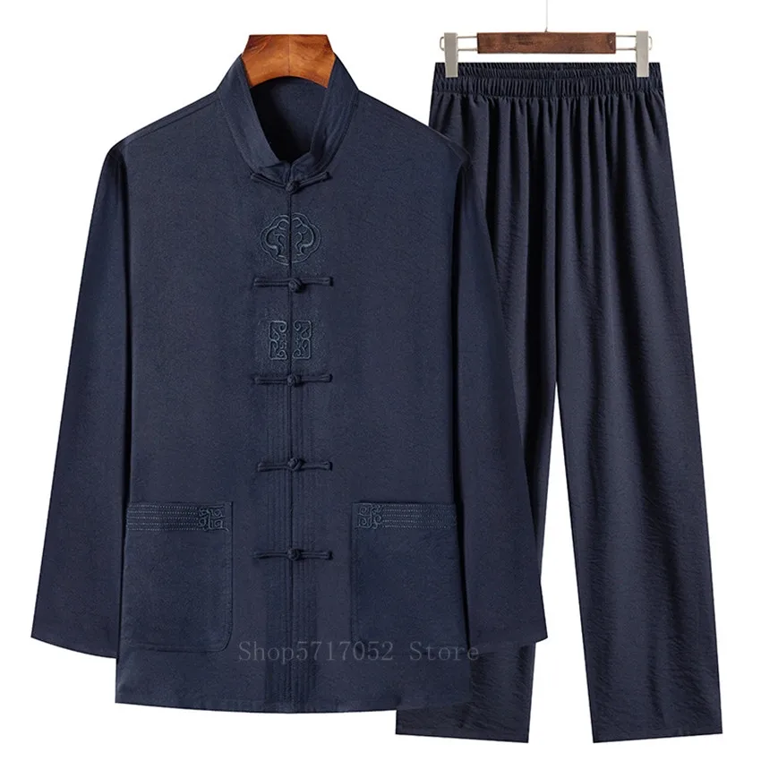 Traditional Chinese Style Retro Hanfu Men Cotton Linen Wu Shu Clothing Long Sleeve Shirt & Long Pant Kung Fu Tai Chi Suit
