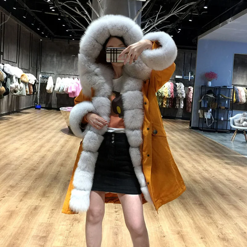 Новинка зимнее длинное пальто с мехом женские 2020 супер меха лисы воротник