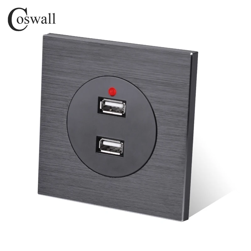 Coswall алюминиевая металлическая панель настенная розетка двойной usb порт для зарядки 2.4A выход Светодиодный индикатор R11 серия R12 серия черный