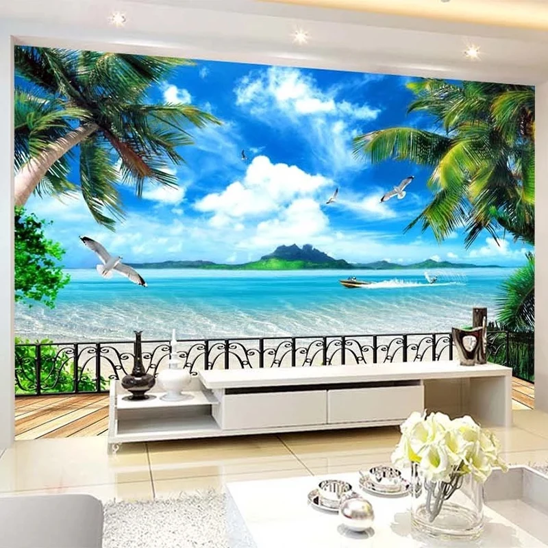 Papel de Parede 3d Personalizado Fundo de Parede Moderno para Praia Varanda Paisagem Janela de Fora Visão do Mar Pintura de Parede para Sala de Estar tv Sofá