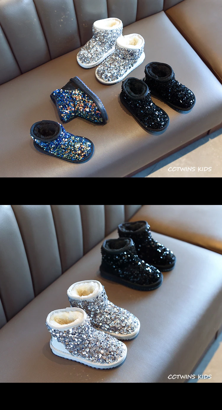 CCTWINS Kids Shoes Winter Girls Fashion Sequin Snow Boots Children Black Sparkly Short Boot for Toddler Glitter Shoe SNB095