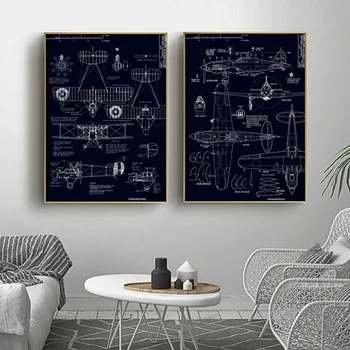 

Simple Nordic Industrial Wind Aircraft Manufacturing Drawing Blueprint Black And White Line Canvas Art Picture Wall Home Decor
