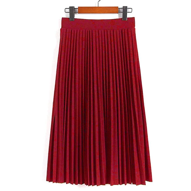 Dark Red SheBlingBling весна осень модные женские Высокая талия плиссированные сплошной цвет Половина Длина эластичная юбка Акции Леди Черный Розовый - Цвет: Dark Red