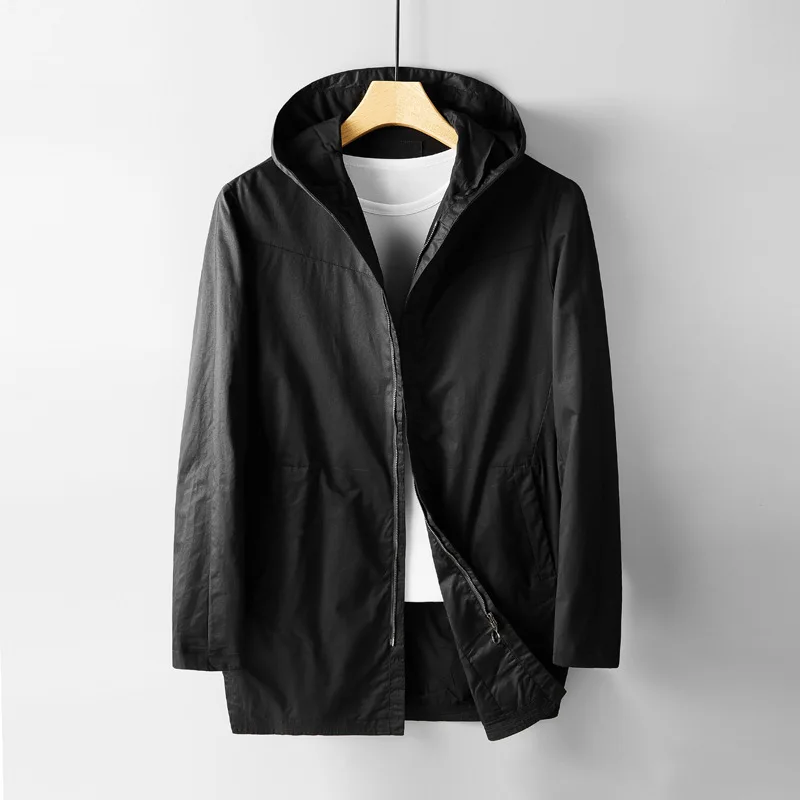 

Men's Mid-length Outwear New Windbreaker Solid Black Leng Sleeve 100%Cotton Hooded Trench Coat Jacket