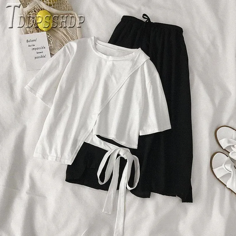 2020 New Summer Women Sets Bandage Short Sleeve T Shirt And High Waist Skirt Female |
