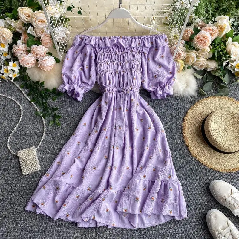 SINGRAIN Women Ruched Ruffle Dress Korean Puff Sleeve Slash Neck A Line Dress Summer Vacation Casual Print Floral Dress 2020