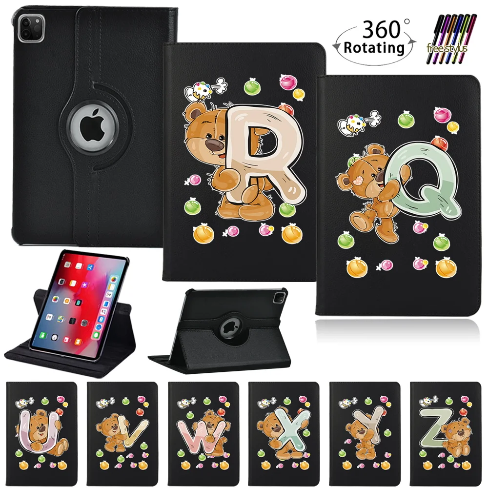 

For IPad Pro 9.7"/ Pro 10.5"/ Pro 11" 2018 2020 - 360 Degrees Rotating PU Leather Stand Tablet Cover Case Bear Letter Pattern