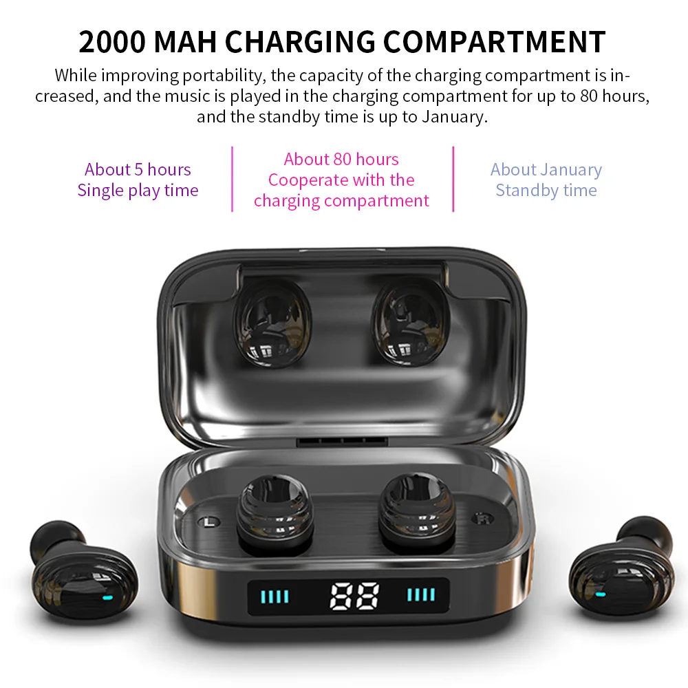 H01 Bluetooth 5,0 наушники TWS настоящие беспроводные 9D стерео музыкальные наушники светодиодный дисплей 2000 мАч наушники можно заряжать для телефона