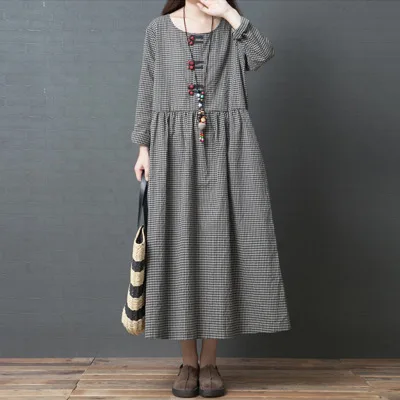 

Spring New Style 2019 Korean-style Loose And Plus-sized WOMEN'S Dress Fashion Comfortable round Neck Plaid Dress Women's