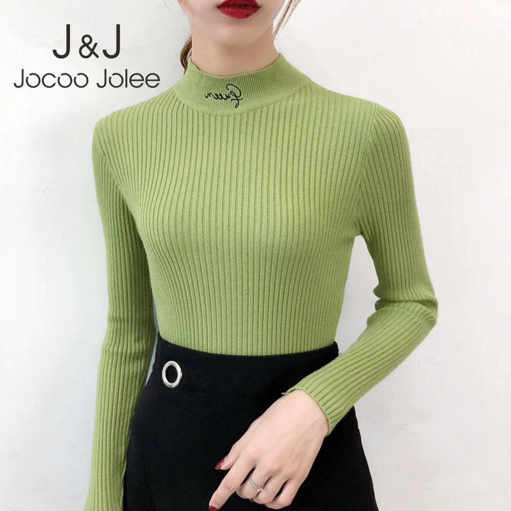 

Jocoo Jolee Women Fashion Turtleneck Letter Embroidery Knitted Sweater Causal Slim Basic Pullover Autumn Winter Harajuku Jumpers