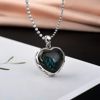 

S925 Natural Labradorite Moonstone Cute Ocean Heart Pendant European, American, Japanese and Korean Jewelry