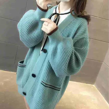 

New Ladies V-neck Single Breasted Sexy Slim Thin Warm Knit Jacket Loose Pocket Casual Fashion Pure Color Wild Autumn and Winter