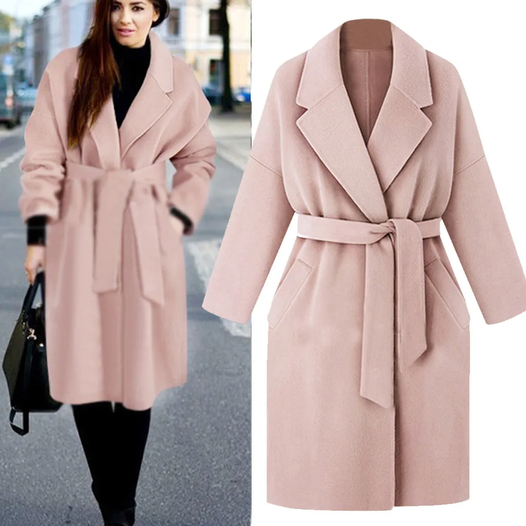 Женская куртка с поясом и отворотом, длинное шерстяное пальто, розовая теплая Модная зимняя куртка, повседневная верхняя одежда, одежда размера плюс, 19Oct