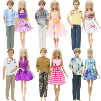 

2 Pcs /Set Couple Outfit Mix Style T-Shirt Dress Fashion Suit Trousers Dollhouse Accessories Clothes for Barbie Ken Doll DIY Toy